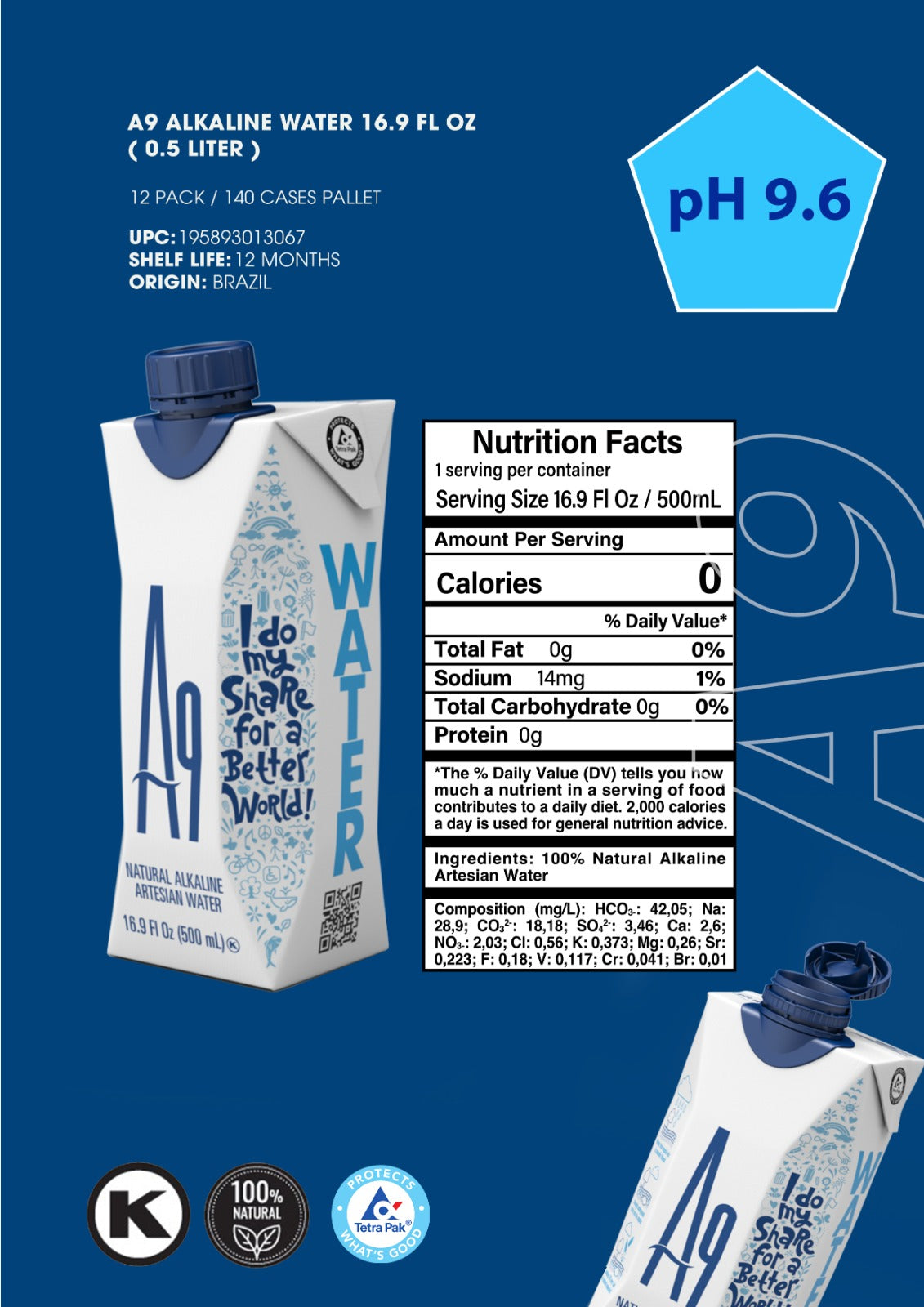 A9 Alkaline pH 9.6 Artesian Mineral Natural Water - Untouched and Unchanged, No additives, No Plastic, 16.9 Fl Oz Bottles - 140 CASES FULL PALLET